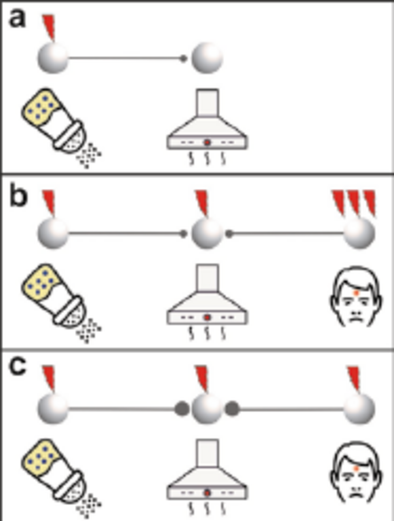 Schematische Darstellung eines Experiments mit drei Versuchsanordnungen zur Reaktion auf Gerüche und visuelle Reize bei einer Testperson.