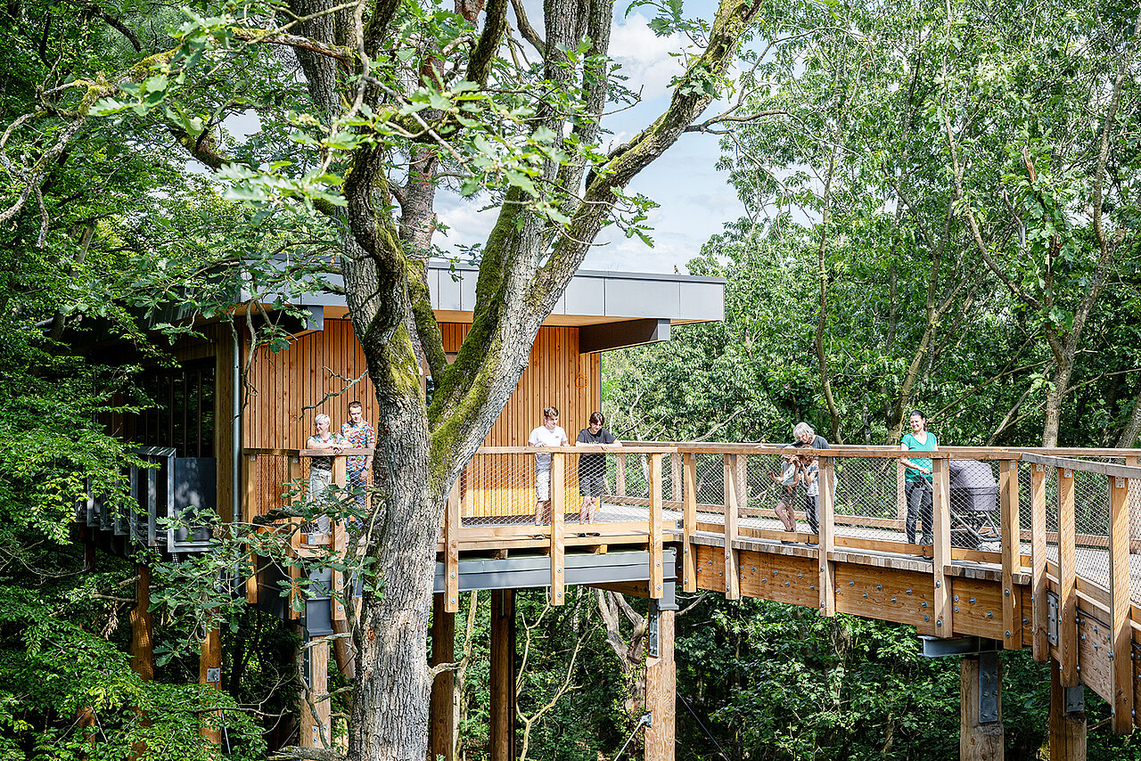 Das Grüne Klassenzimmer auf dem Klimawaldpfad im Tiergarten Nürnberg mit Besucherinnen und Besuchern.